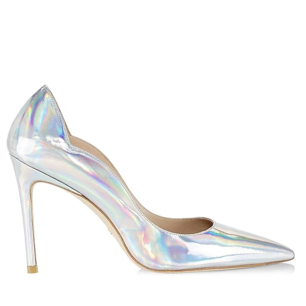 Stuart Weitzman 100 Scallop Pump 8.5 Stilettos Pointed Toe Wedding Formal Silver